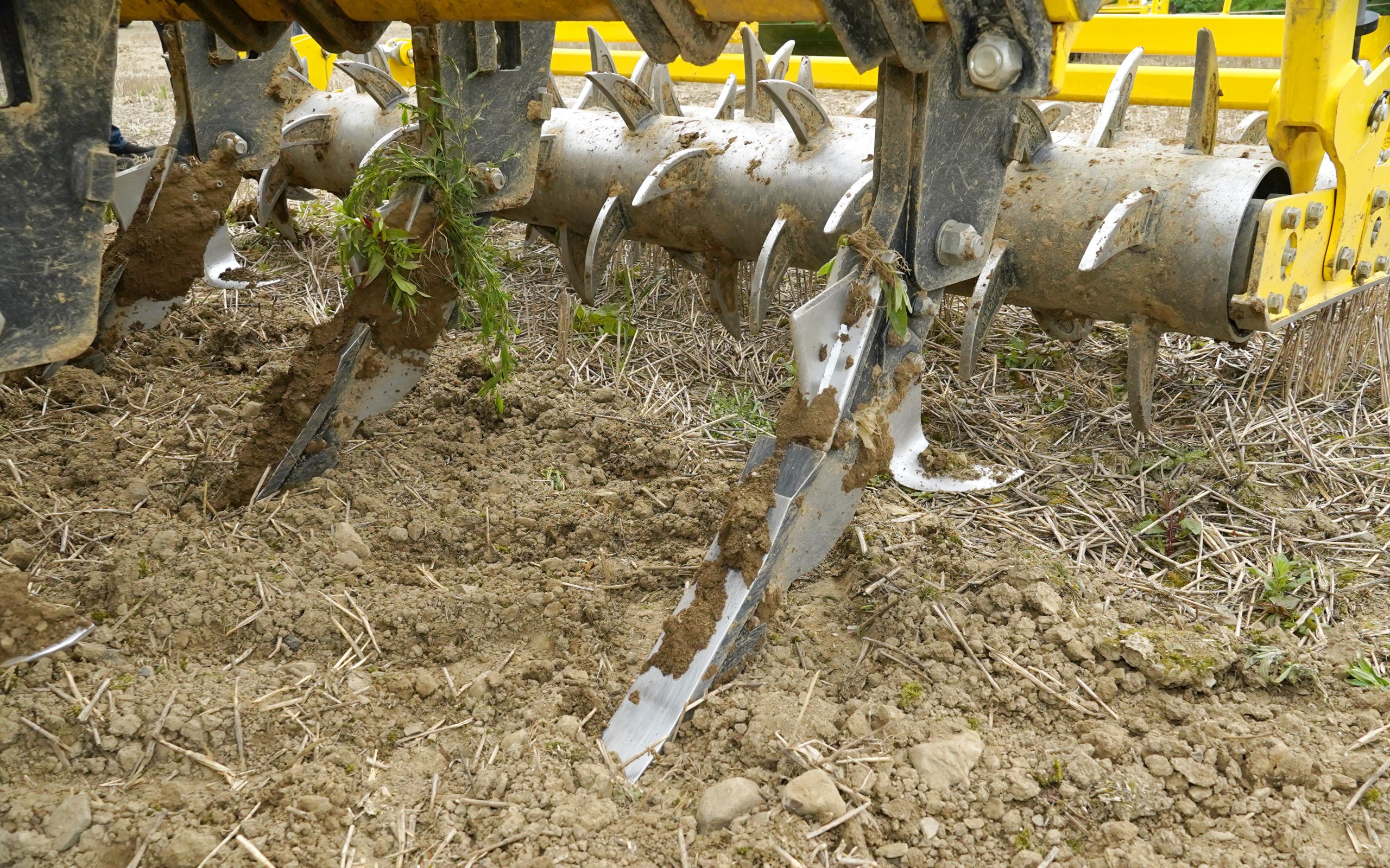 The chisel point, the wings, and the Active Mix plate make up the three working parts of the leg on the Terraland, with a spiked roller behind
