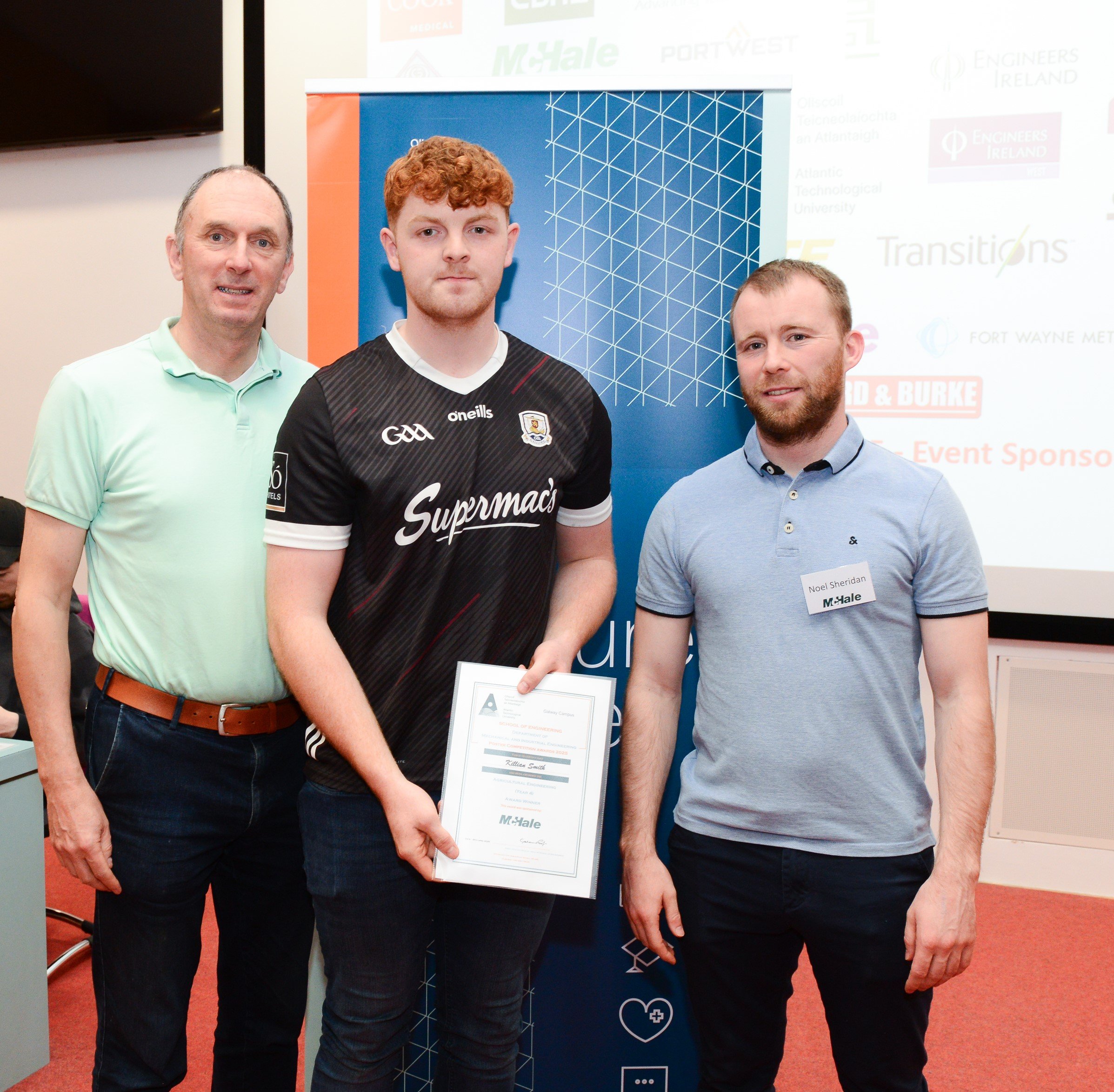 ATU Agricultural Engineering award winner Killian Smith from Ballyjamesduff, pictured with ATU head of department, Des O’Reilly, and Noel Sheridan, senior design engineer, McHale
