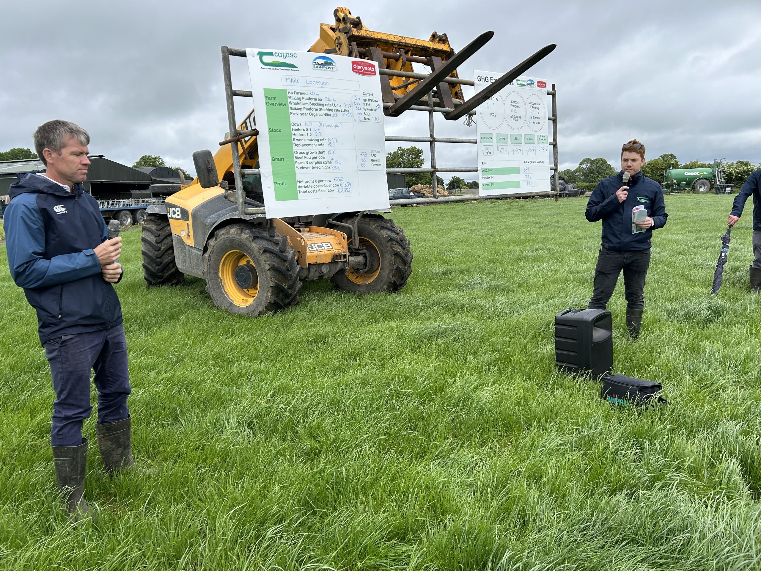 Lonergan discussing farm performance with Teagasc dairy adviser, Darragh Kelly