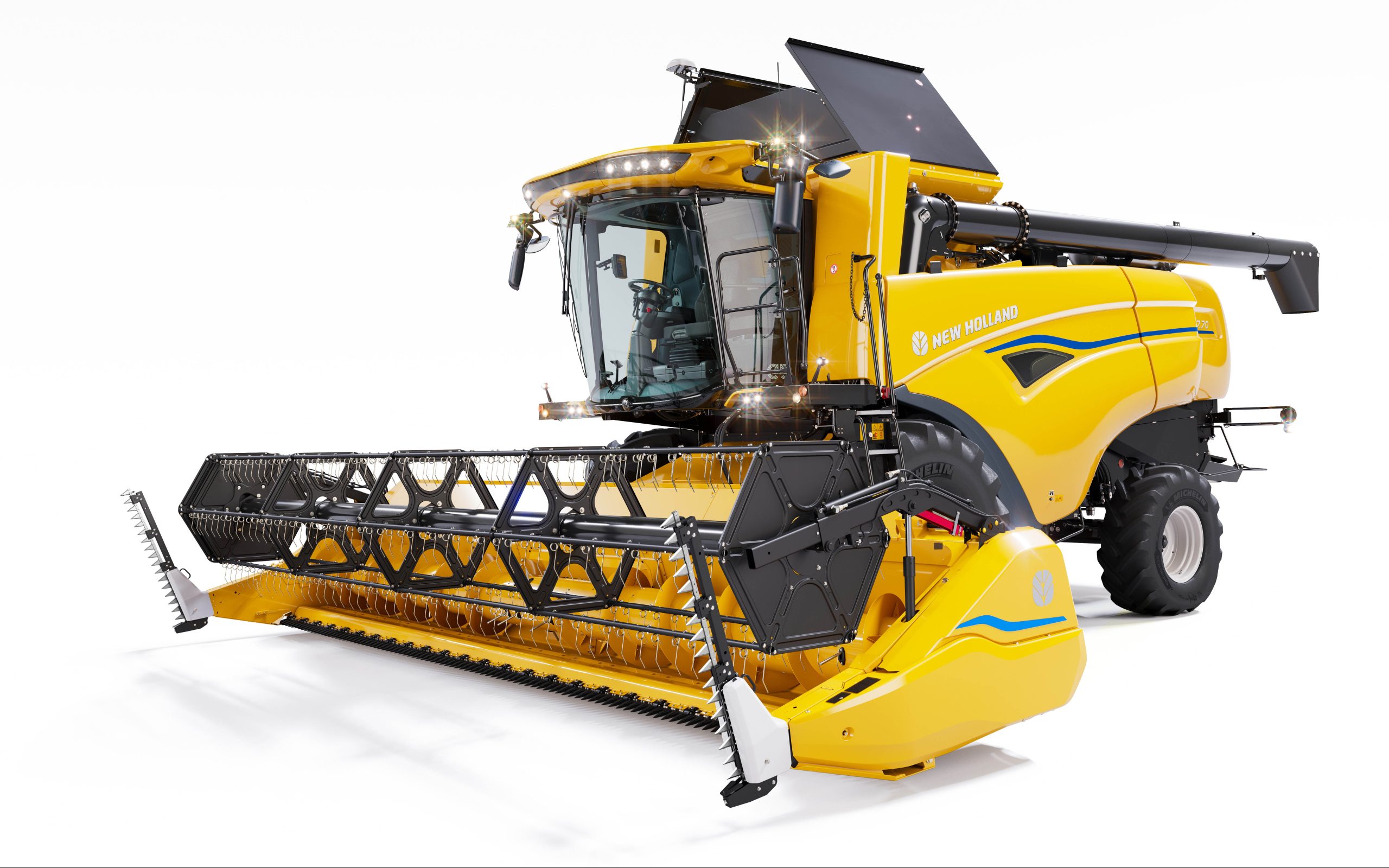 The New Holland livery has been modified to emphasise the idea of crop flow through the machine
