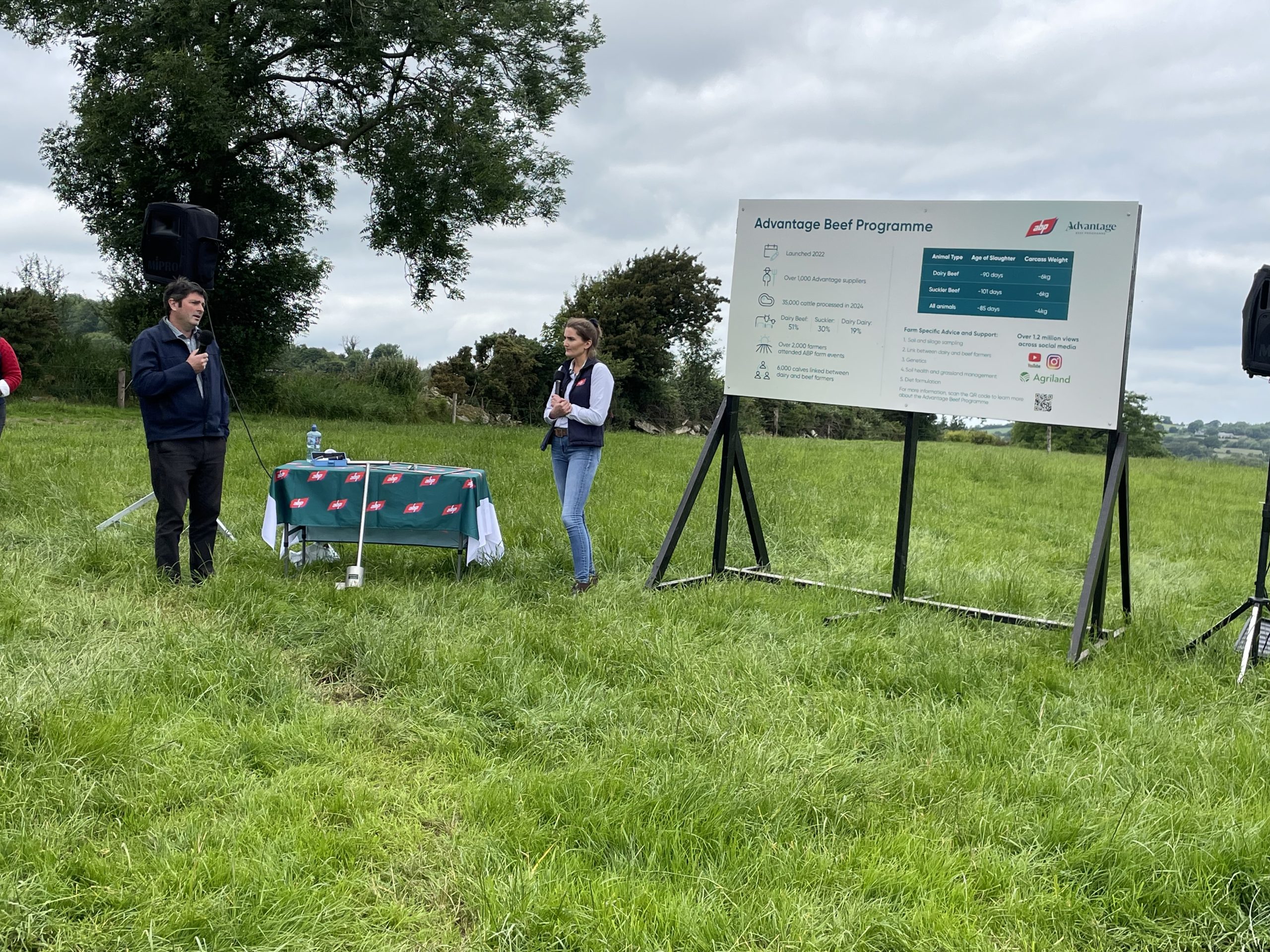 Suckler-beef farmer Jimmy Madigan speaking to ABP farm liaison team leader Amie Coonan on his involvement in the Advantage Beef Programme at the 10-year anniversary event of the ABP Demo Farm