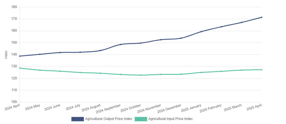 Agricultural Input and Output Price Indices (Base 2020=100). Source: CSO