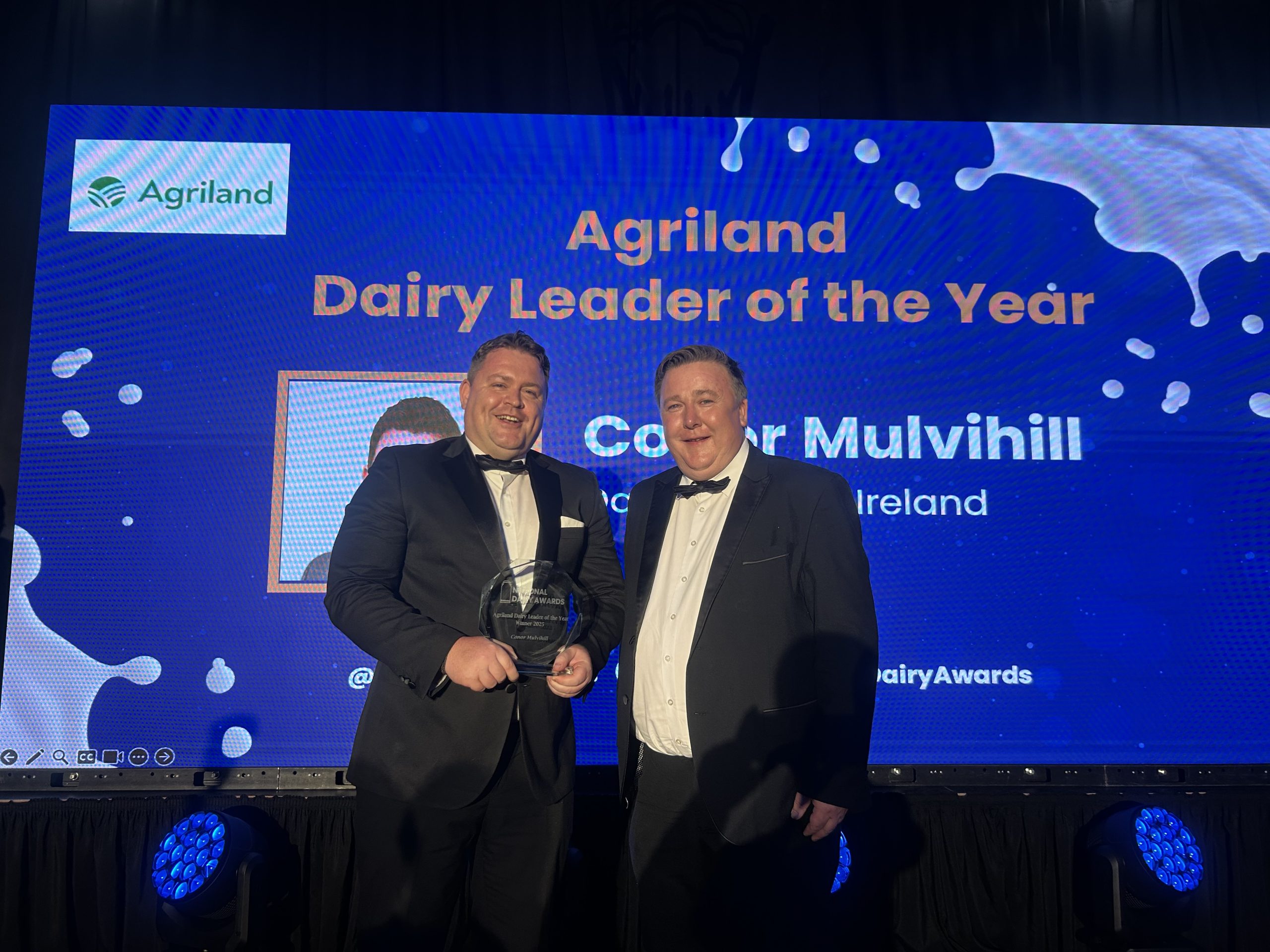 Conor Mulvihill accepting the Agriland Dairy Leader of the Year award from Managing Director of Agriland, Cormac Farrelly