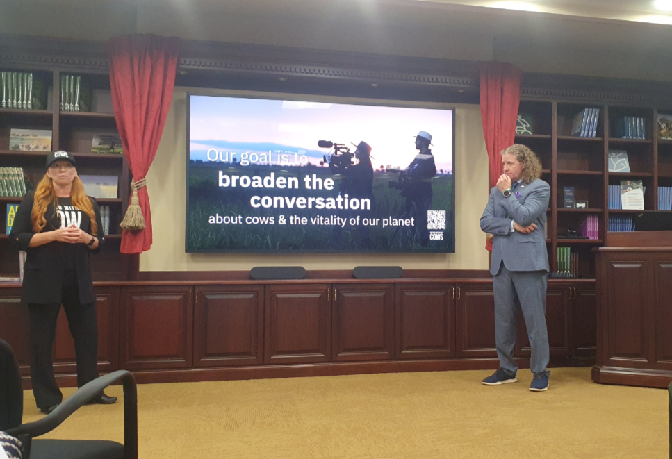 In discussions at the screening of documentary at Alltech Dunboyne director Michelle Michael (left) and Dr. Mark Lyons, Alltech president and CEO