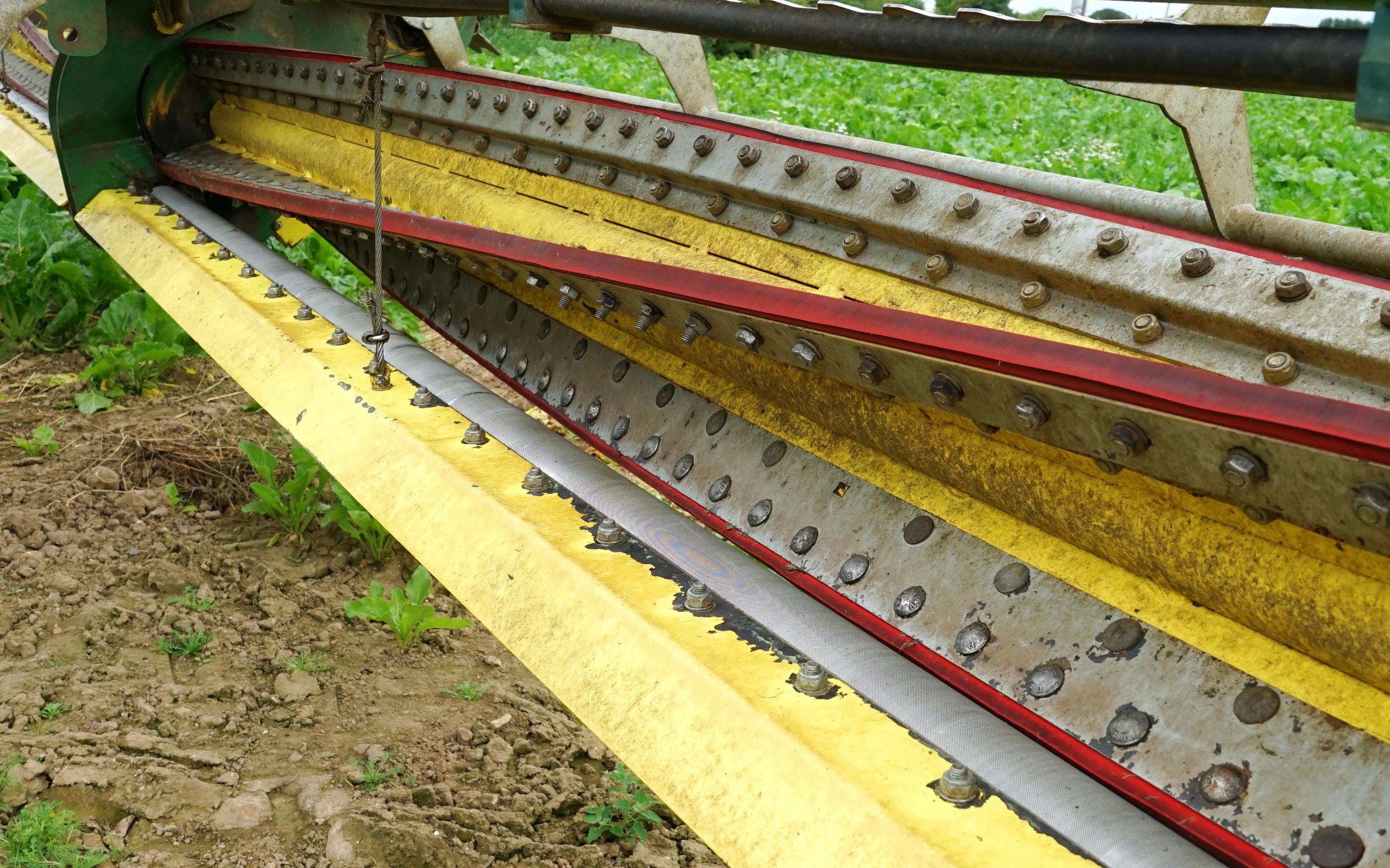 The red rubber block is mounted spirally on its shaft and moves in to grip the plant stem against the roller below. The yellow scraper blade acts to keep this lower roller clean