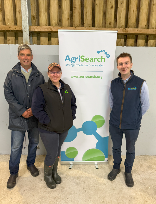 Host farmer James Henderson, Claire Bailey (Germinal) and John Morrow (AgriSearch) at the recent farm walk near Kilkeel, Co. Down