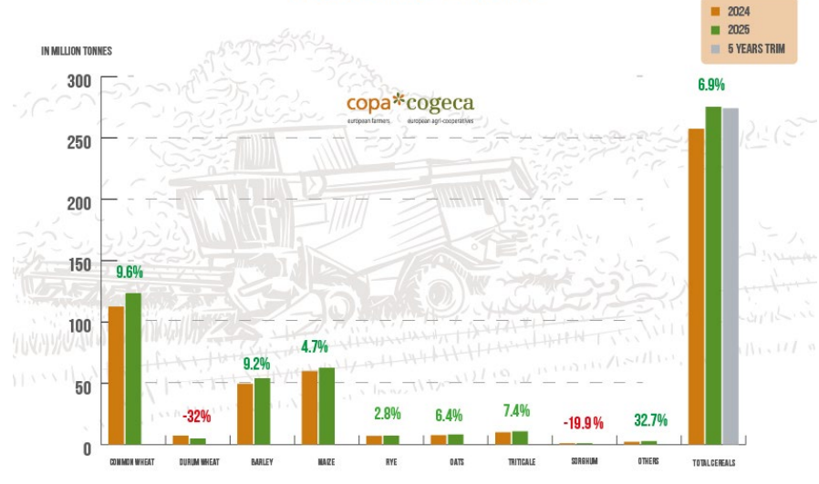 Consolidated cereal crops production forecast for 2025 versus 2024 and the five-year trim average. Source: Copa Cogeca