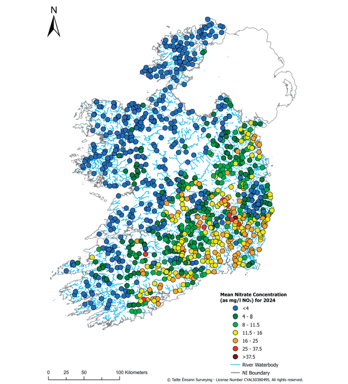 Mean nitrate concentrations in rivers during 2024 Source: EPA (July 2025)