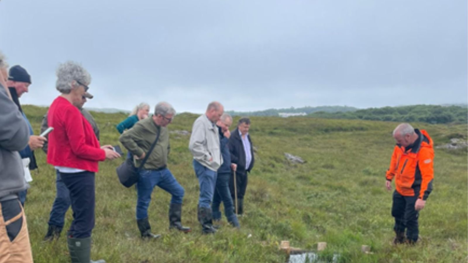 The Dúlra team and stakeholders with Independent TD Catherine Connolly discussing the possibility of using wool in ecological restoration on Simon Ashe’s farm at Fernwood, Clifden. (Source: Dúlra project)
