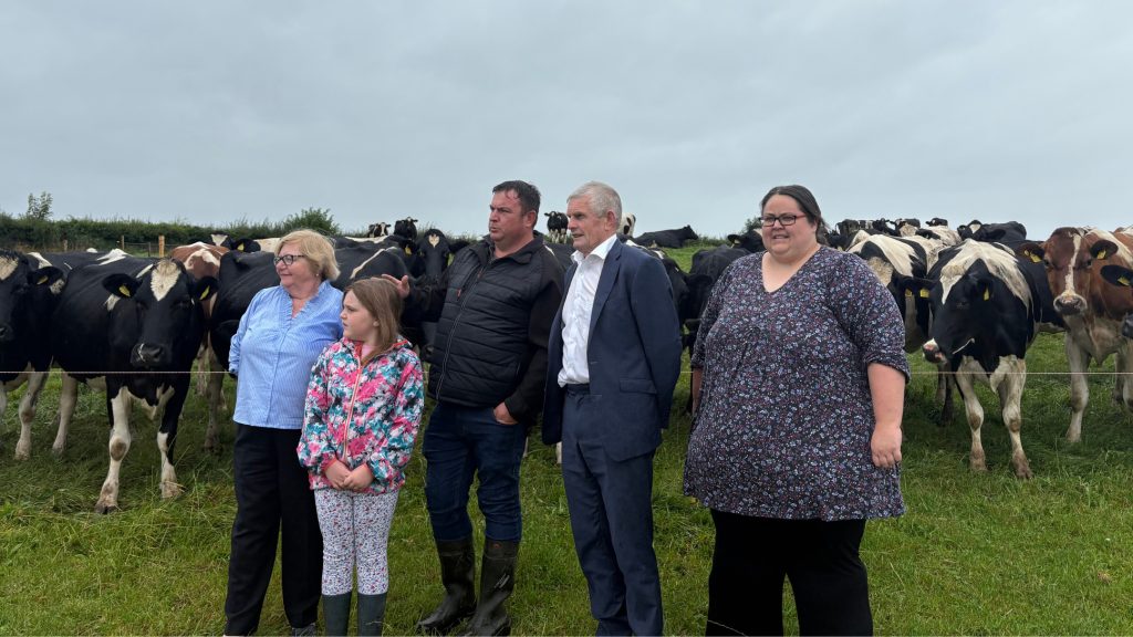 Pictured at the announcement of the 'Farming in Clare: What the Future Holds' conference at the farm of Micheál O'Dwyer in Doora, Co. Clare: Geraldine Gregan; Aoibhinn O'Dwyer; Micheál O'Dwyer, chair of Clare ICMSA; Joe Cooney TD; and Catríona Power, Clare Macra.