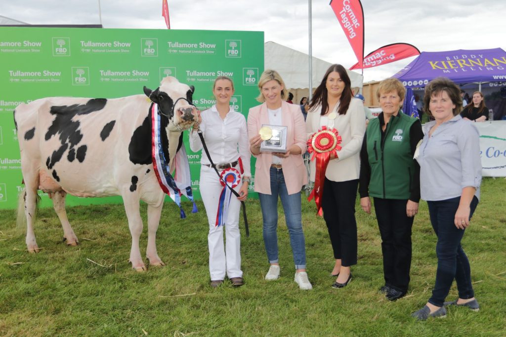 Overall Holstein Dairy Champion shown by Andrea Rafferty pictured with Nina Carbury MEP; Chelsey Cox, Tullamore Show;Kathleen Leonard, FBD; and Martina Neville. Source: Terry Smeaton