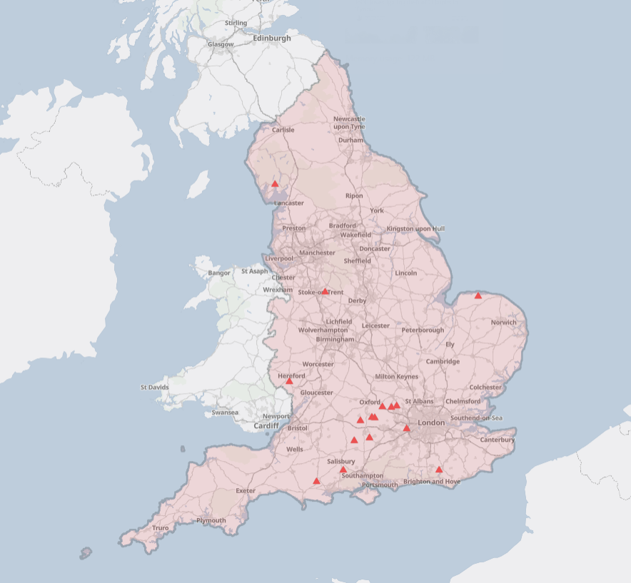 Map of confirmed bluetongue outbreaks in England. Source: Defra