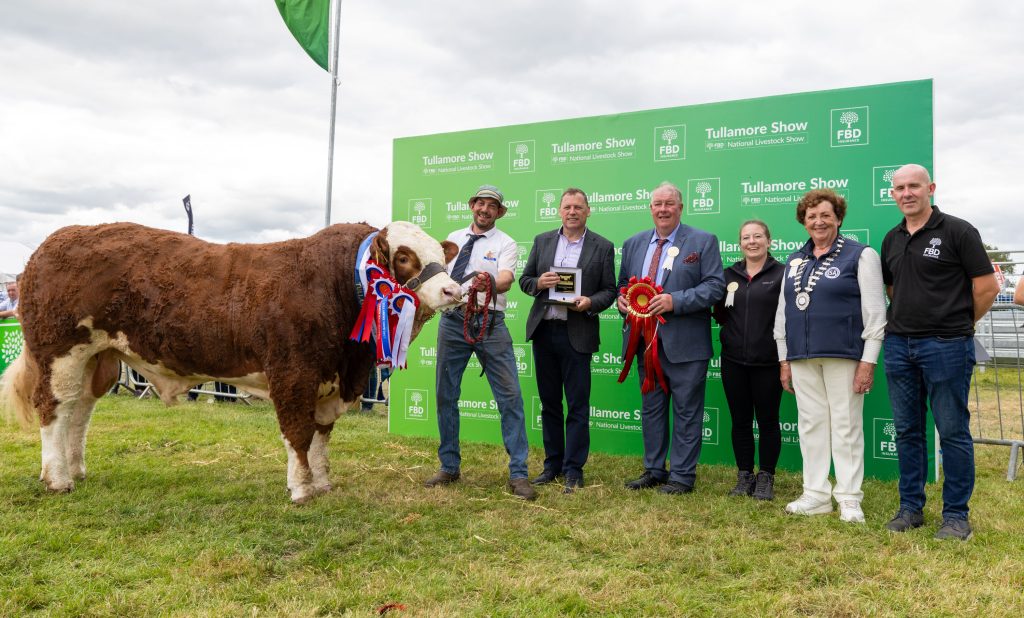 The champion Simmental owned and shown by Gareth Behan, from Ballyfin, Co. Laois, pictured with Barry Cowen MEP; show chairperson John Keena; Aisling Molloy, head of section Pedigree; Freda Kinnarney, ISA president; and Alan Geraghty from FBD at Tullamore Show. Source: Alf Harvey