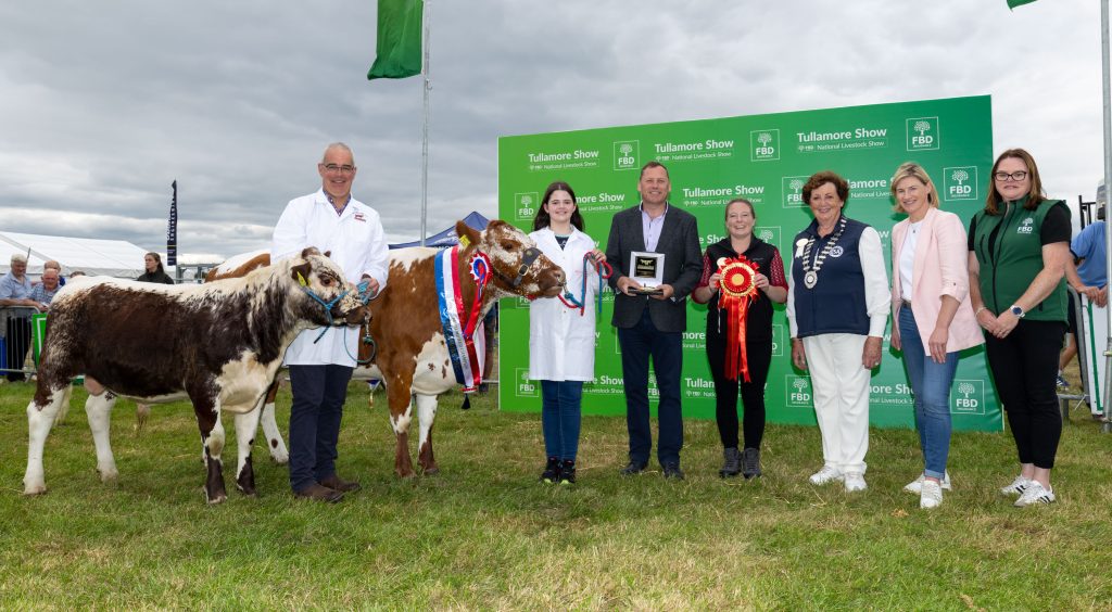 The champion and reserve champion Irish Moiled cattle owned and shown by Joe and Clodagh Boyce from Bruree, Co. Limerick, pictured with Barry Cowen MEP; Aisling Molloy, Tullamore Show; Freda Kinnarney, ISA president; Nina Carberry MEP; and Amanda Dunne from FBD. Source: Alf Harvey