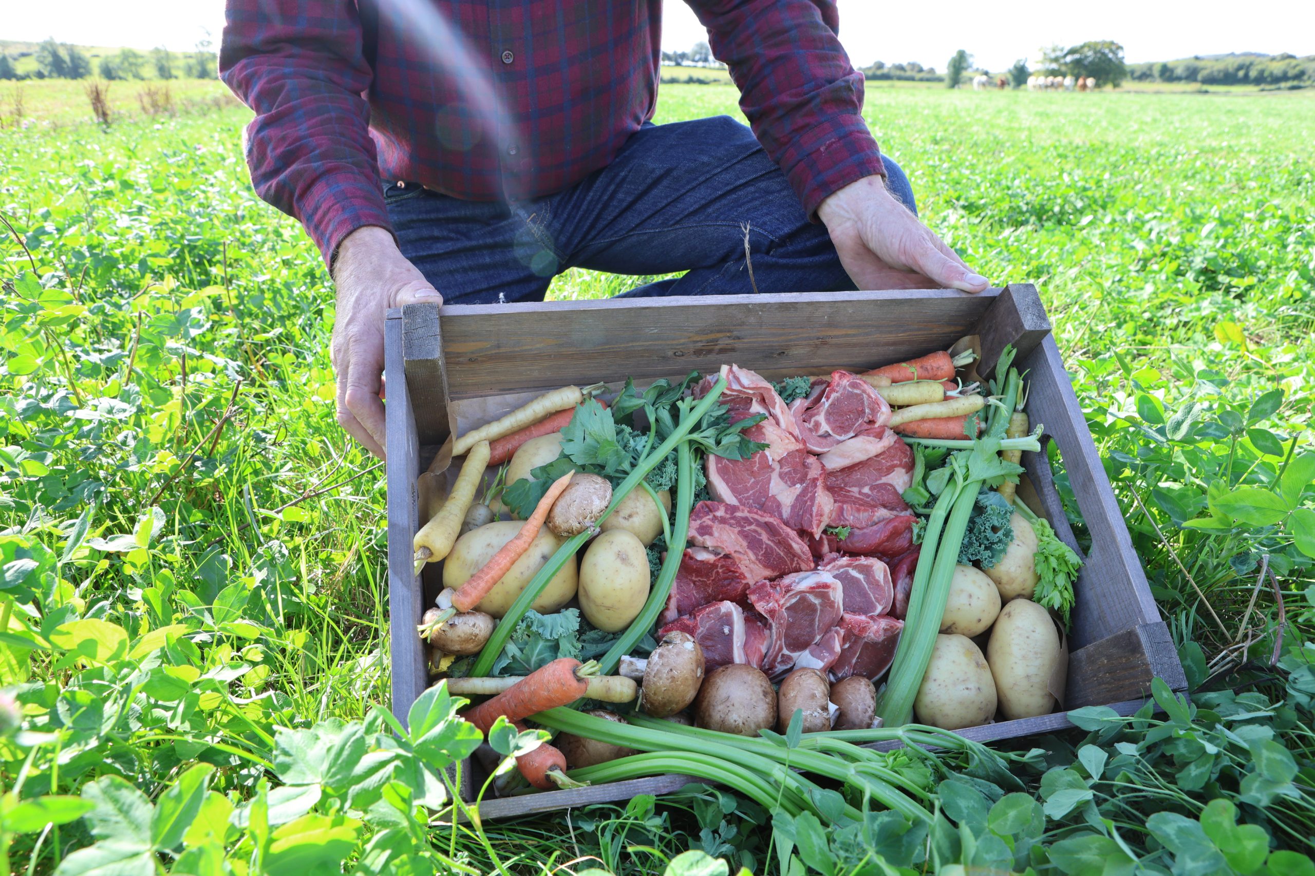 Farmer Tom Dunne holds a box of produce