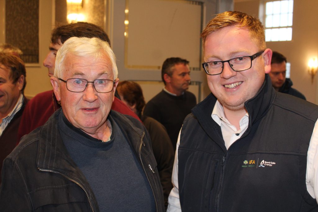 Mayo IFA chairperson, John Lynskey chatting to IFA executive officer, Daniel McNally (right) at the Tillage Crisis Meeting