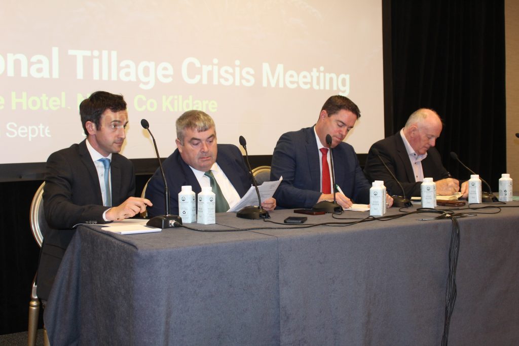 The top table at the Tillage Crisis Meeting, l-r: Max Potterton, IFA; Kieran McEvoy, IFA; Minister Martin Heydon; and IFA president, Francie Gorman
