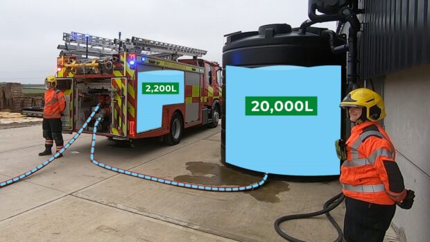 Cambridgeshire Fire and Rescue demonstrate pumping water from Stacey’s rainwater harvesting tanks.&nbsp;Source: Natural England