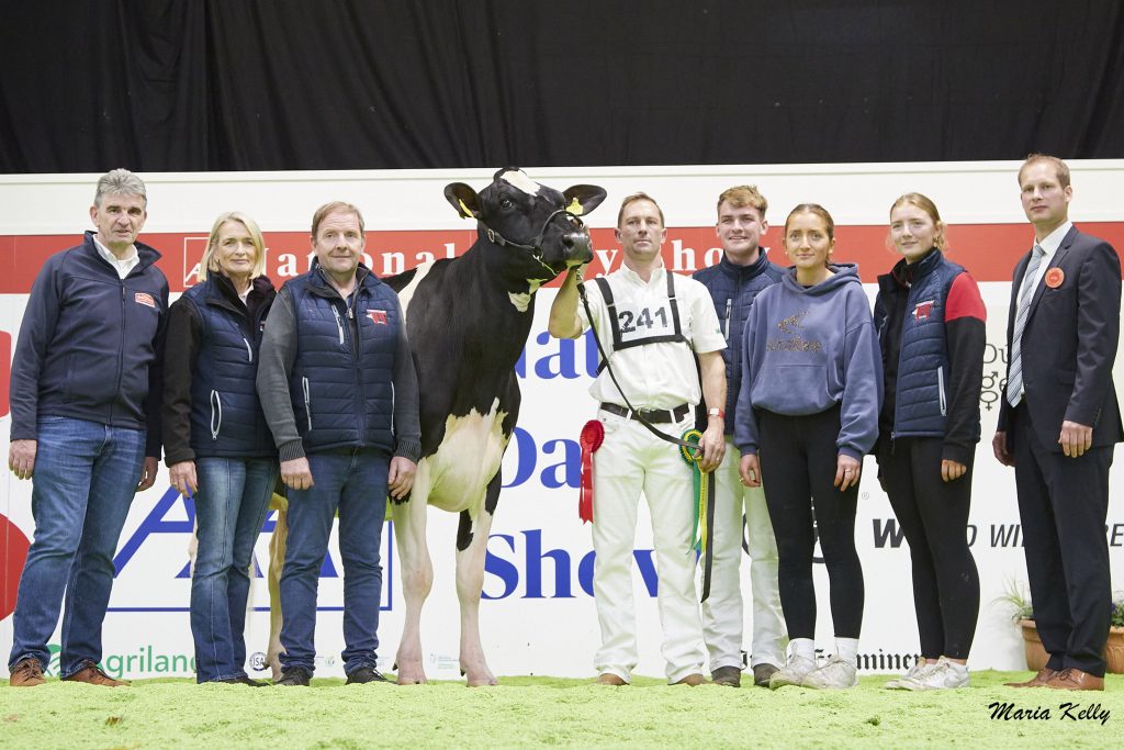 (L-R): Michael Harte, Dairygold (sponsor), Marguerite &amp; Paul Flanagan, Termonfeckin, Co. Louth (exhibitor) (1st) Tubbertoby Barolo Joy, Richard Jones (on halter), Matthew Flanagan, Thea Flanagan, Ella Flanagan, Cord Hormann (Judge). Source: Maria Kelly.