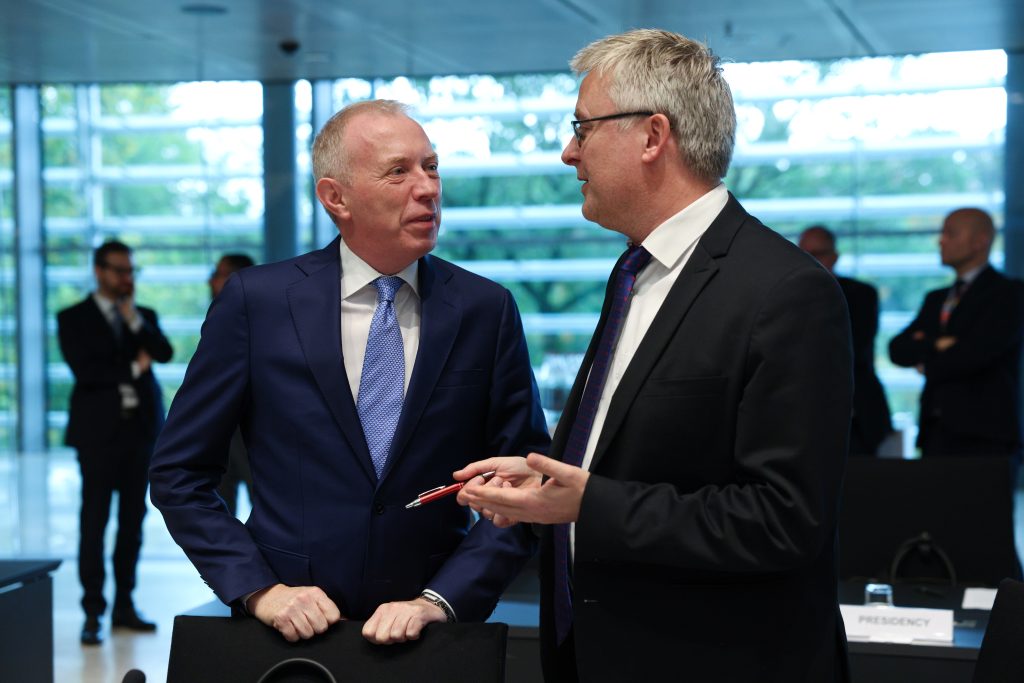 (L-r) Minister of State at the Department of Agriculture, Food and the Marine, Timmy Dooley with Denmark’s Minister for Food, Agriculture and Fisheries, Jacob Jensen in Luxembourg recently. Source: European Union