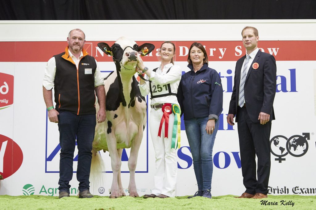 (L-R): Declan Keating, Munster Bovine (sponsor) (1st) HallowOctain Twizzle exhibited by Hallow Holsteins Ltd, Gorey Co. Wexford, Andrea Rafferty (on halter), Linda Jones (exhibitor), Cord Hormann (Judge). Source: Maria Kelly.
