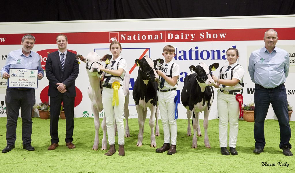 10/10/25 AXA National Dairy Show 2025, Novice Handler Class 2 aged 12 - 18 years on 1st Jan ‘25, Pictured are: John Wallace &amp; Michael Thornton, ICMSA (sponsor) Cord Hormann (Judge), (3rd) Andrea Deane, Co. Cork (2nd) Patrick Dillon, Co. Kerry (1st) Eva Hickey, Co. Longford. Photo: Maria Kelly