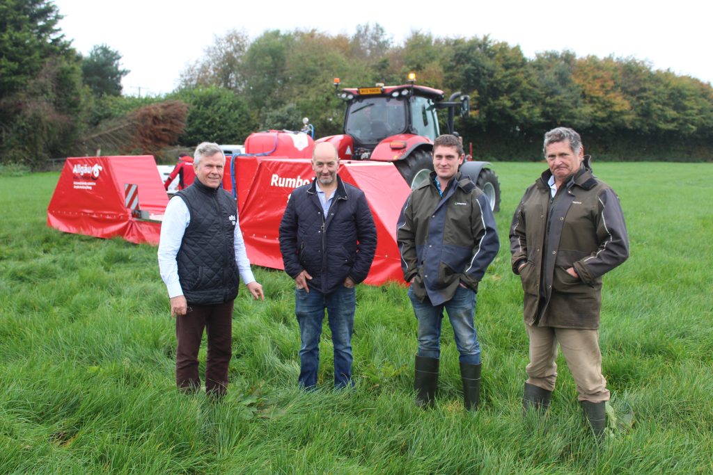 Attending the RumboJet 880 field trial in Co Tyrone, (l-r): Dr. Desmond Patterson, AFBI; Stephen McKeown, C.W. Agri; Frank Turley, and Paul Turley, Downpatrick, Co. Down