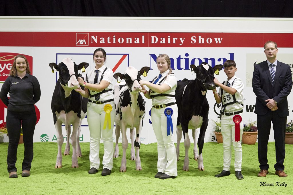 10/10/25 AXA National Dairy Show 2025, Handler Class 2 (Handler aged 12-18 years on 1st Jan ‘25, Pictured are: Hannah Healy, Smaxtec (sponsor), (3rd) Kate Lehane, Co. Cork, (2nd) Ava Montgomery Co. Meath (1st) Gearoid Long, Co. Cork Judge, Cord Hormann, Judge. Photo: Maria Kelly.