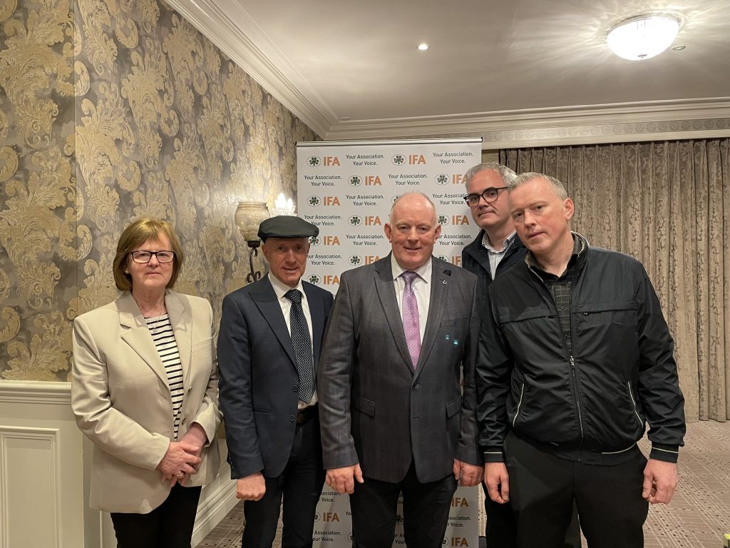 (L-R) Kathleen Herlihy Kerry IFA 2nd Rep, Minister of State at the Department of Agriculture, Food and the Marine Michael Healy-Rae, Francie Gorman IFA president, Joseph Kelly Munster IFA senior regional executive and Jason Fleming, Kerry IFA chair at the Kerry IFA meeting at the Rose Hotel in Tralee