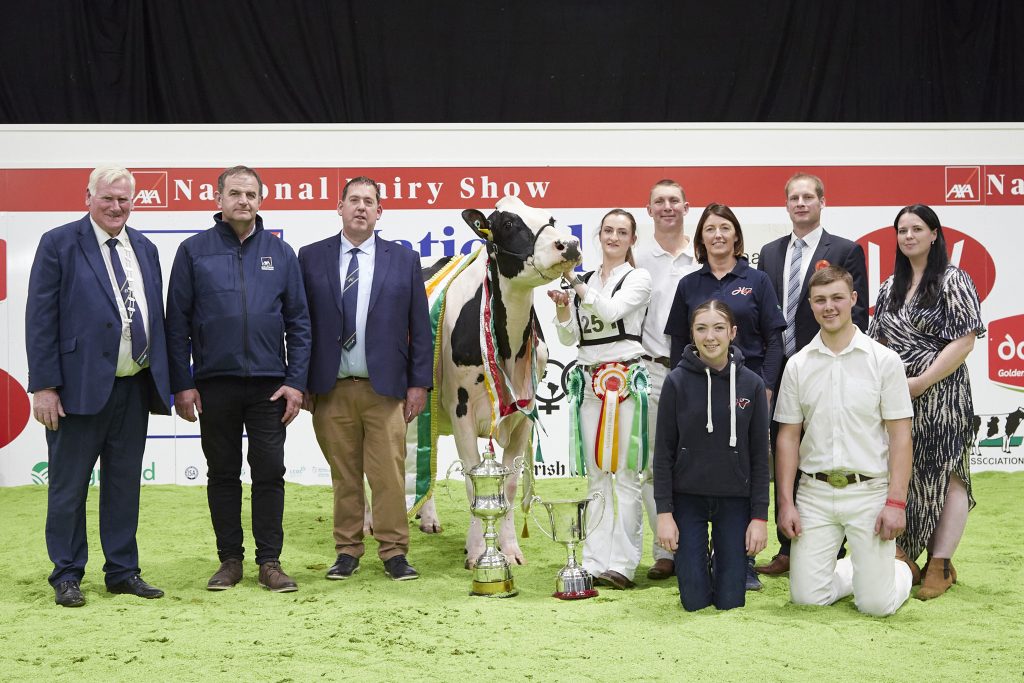 (L-R) : John Kirby, president, Cork Club; Tom McCarthy, AXA Insurance (sponsor); Denis Kiely, director, National Dairy Show; Supreme Champion Hallow Octain Twizzle exhibited by Hallow Holsteins, Gorey, Co. Wexford; Andrea Rafferty (on halter); Philip &amp; Linda Jones, exhibitors, Cord Hormann, judge; Rachel Martin, Irish Farm Examiner; Kate &amp; Will Jones. Source: Maria Kelly