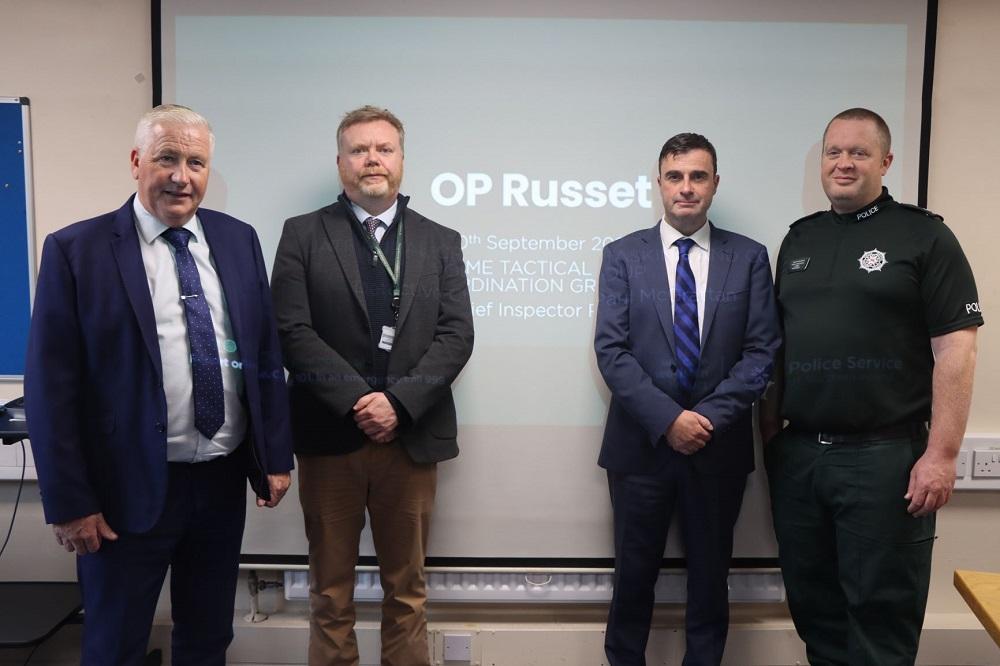 Garda Detective Superintendent John O’Flaherty, co-chair of the cross border JATF; Detective Chief Inspector Paul McGrattan of the PSNI; Detective Superintendent Joe O’Reilly, Garda National Drugs and Organised Crime Bureau and PSNI Superintendent Peter Stevenson Source: PSNI