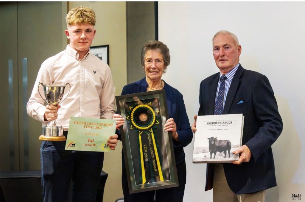 The Overall Junior Champion Adam Kearnet presented with his award by John and Marion Tilson of the Wedderlie Herd