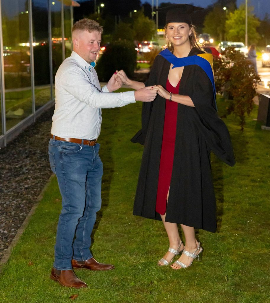 Nadine Byrne and Noel Price celebrate Nadine’s graduation from SETU with a quick spin about the SETU arena in Waterford. Source: Patrick Browne.