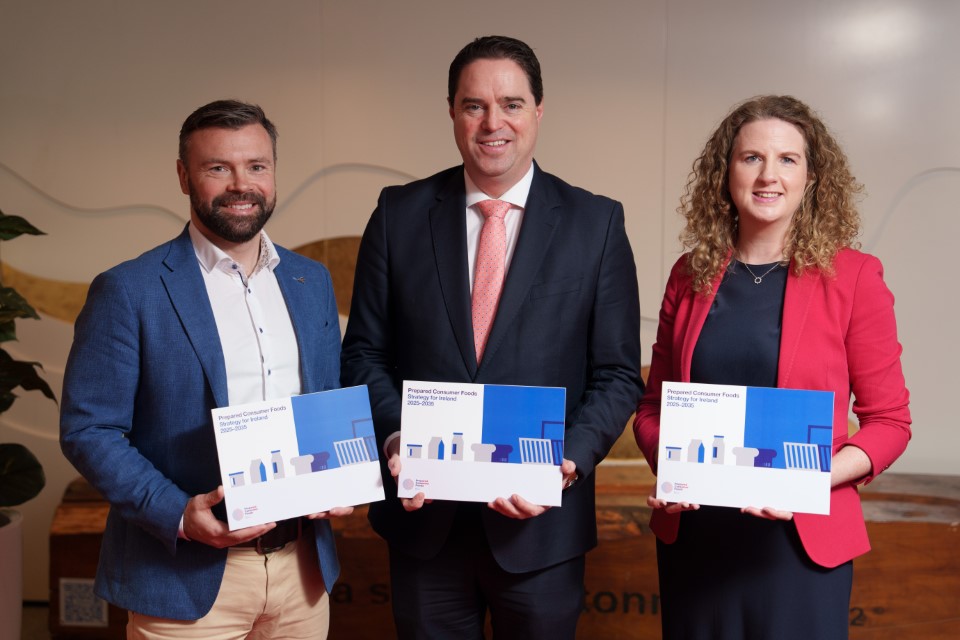 (L-R) Killian Barry, Danone Ireland MD and chair of the PCF Council, Minister Martin Heydon and Linda Stuart-Trainor, director of Prepared Consumer Foods in Food Drink Ireland Source: Ibec