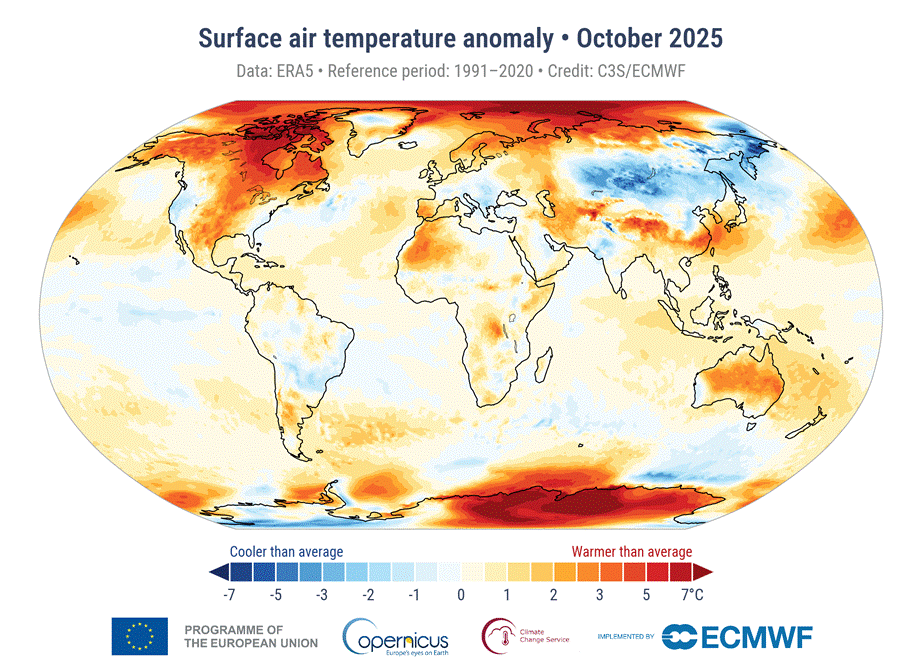 Figure 3. Surface air temperature anomaly for October 2025 relative to the October average for the period 1991-2020. Data source: ERA5. Credit: C3S/ECMWF.