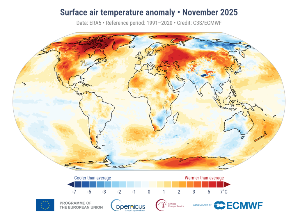 Figure 2. Surface air temperature anomaly for November 2025 relative to the November average for the period 1991-2020. Data source: ERA5. Credit: C3S/ECMWF