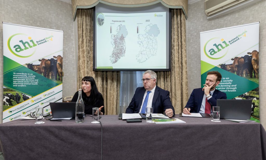 (l-r): Dr. Maria Guelbenzu, AHI BVD programme manager; James Lynch, AHI chair; and Patrick Donohoe, AHI CEO. Source: Finbarr O'Rourke