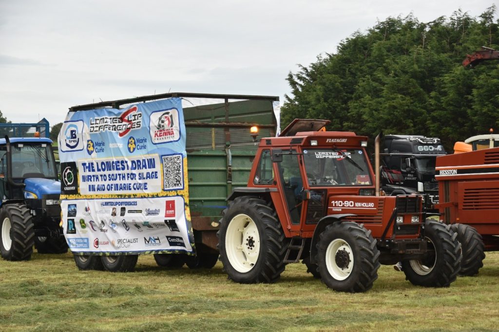 Micheal Scullion and Conor McGowen of the ‘Limited Slip Differences Podcast’ drove this Fiat New Holland Fiat 110-90 and Fraser silage trailer from Co. Antrim to raise money for their chosen charities