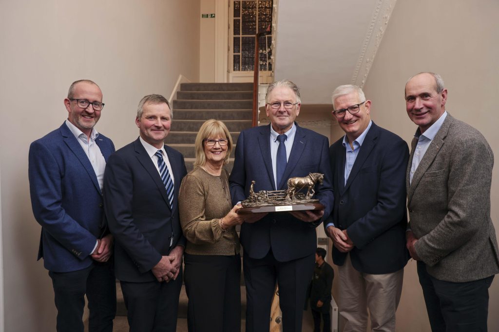 Pádraig Gibbons is pictured centre with his wife Marion and (l-r): Tomás McHale, company secretary, Aurivo; Edward Carr, president of ICOS; Donal Tierney, CEO of Aurivo; and Raymond Barlow, chair, Aurivo. Photo Chris Bellew / Fennell Photography