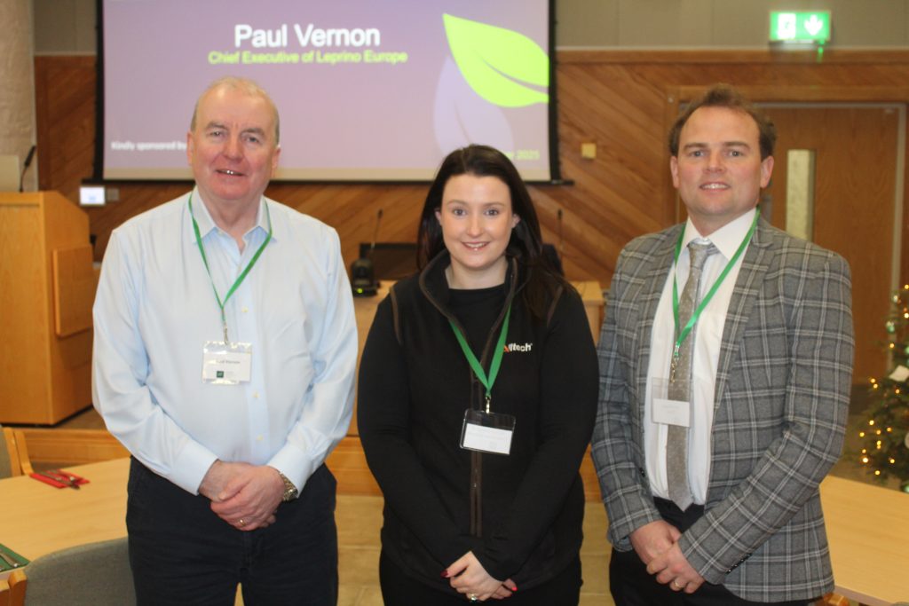 Paul Vernon, chief executive of Leprino Foods Europe (left) gave the keynote address to a recent seminar hosted by the Northern Ireland Institute of Agricultural Science (NIIAS). He was welcomed to the event by CAFRE's John Fegan, NIIAS chair, and Alltech's Aislinn Campbell, NIIAS committee member