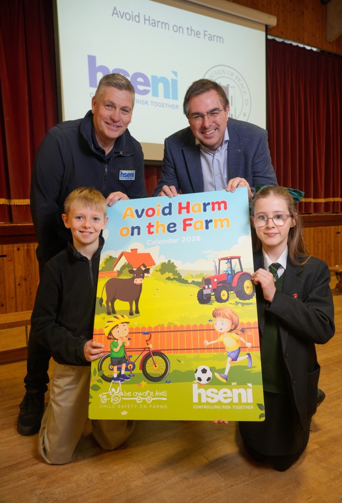 David Lowe, HSENI agri principal inspector; Robert Kidd, chief executive HSENI; Arón Birkett, Mary Queen of Peace PS, Martinstown; Katie Murray, Mary Queen of Peace PS, Martinstown at the launch of the HSENI ‘Avoid harm on the farm’ child farm safety calendar 2026
