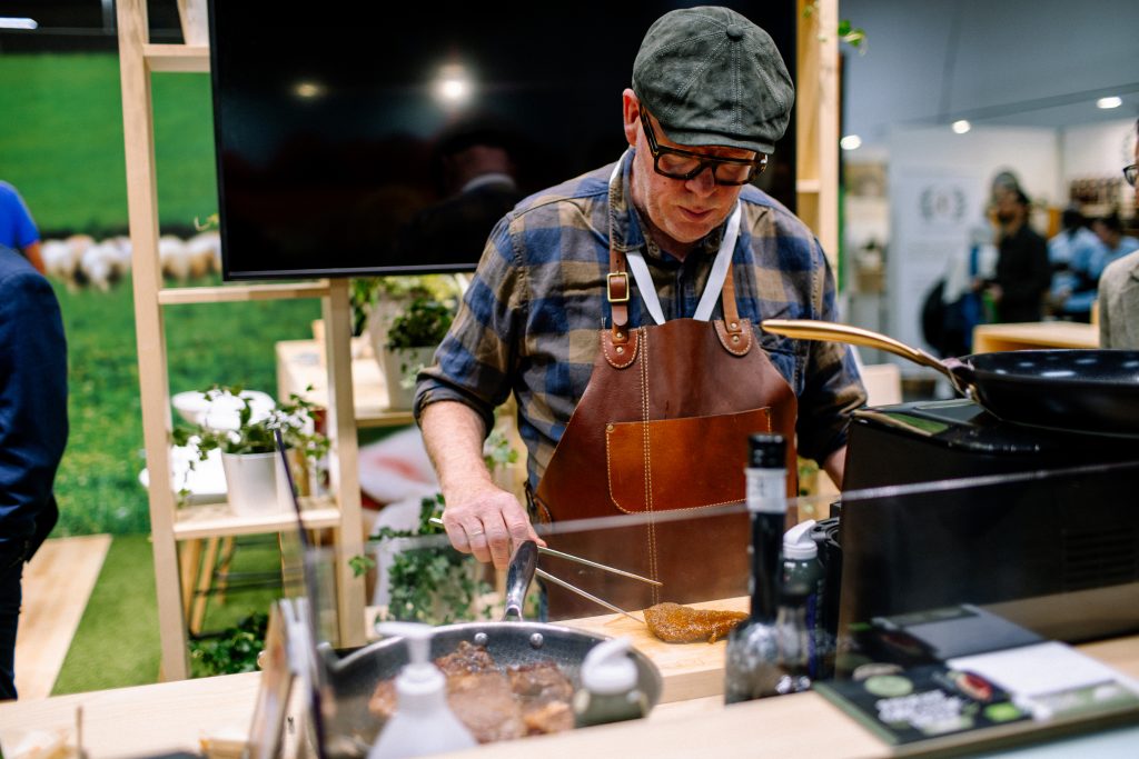 Danish celebrity chef Claus Holm cooking Irish organic lamb at the Nordics trade fair. Source: Bord Bia