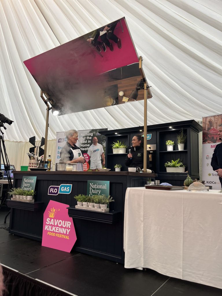 Kate Fitzgerald joined well-known chef Rachel Allen on stage for a cooking demo at the Savour Kilkenny Food Festival in October 2025. Source NDC