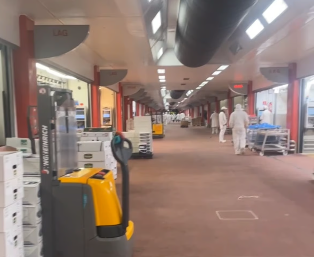 The refrigerated warehouses where fresh meat is traded continue as far as the eye can see