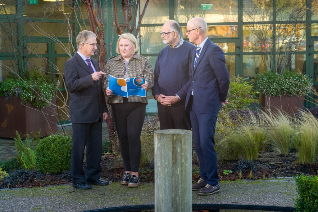Prof. Frank O’Mara, director Teagasc with Fiona Thorne, senior research officer, Teagasc; Prof. Alan Mathews, Fellow Emeritus, economics, TCD; and Kevin Hanrahan, head of Rural Economy and Development, Teagasc, at the Teagasc Outlook 2026 Conference. Image: John Ohle