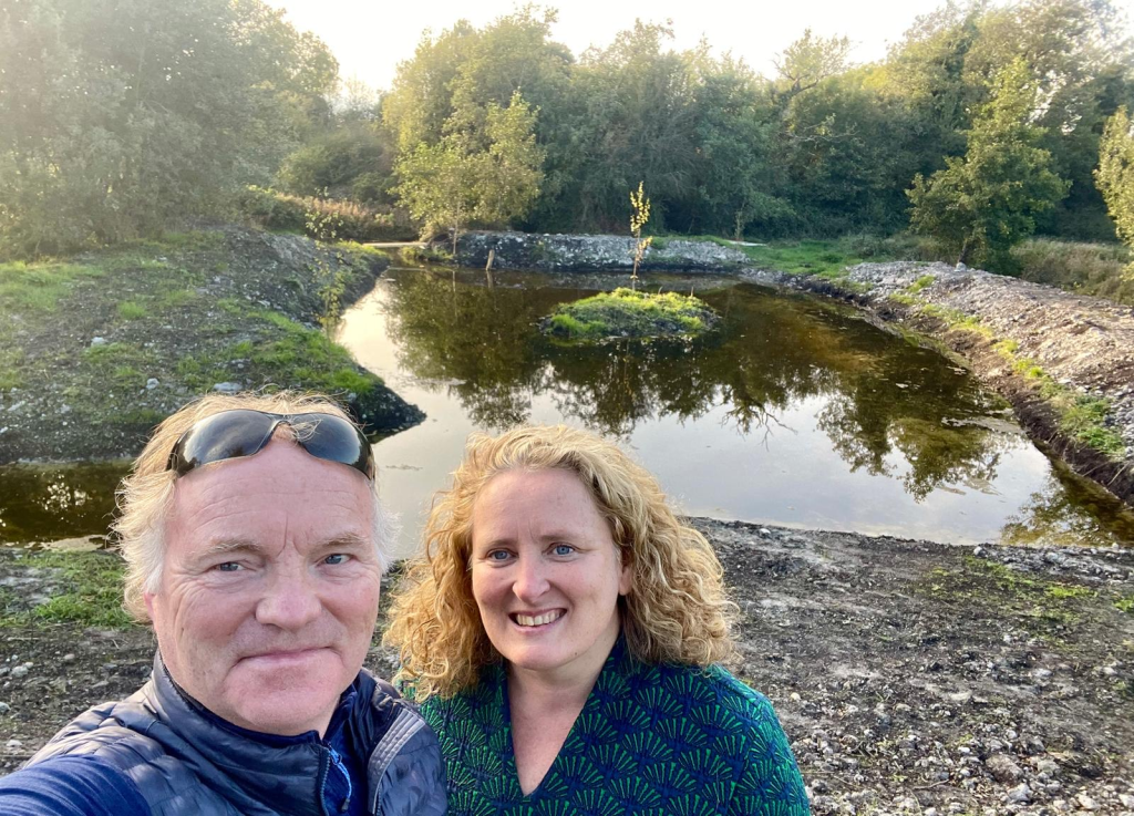 Gearóid Ó Foighil and Jenny Fahy with their new pond in south Offaly.