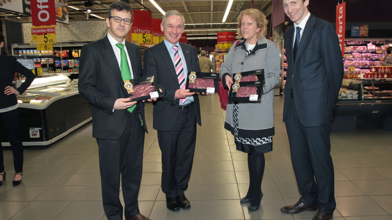 Pictured were Gregoire Kaufman, commercial Director Carrefour; Minister Richard Bruton, Minister for Jobs, Enterprise and Innovation; Paula Butterly manager ABP Italy; and Liam MacHale, manager Bord Bia Milan

