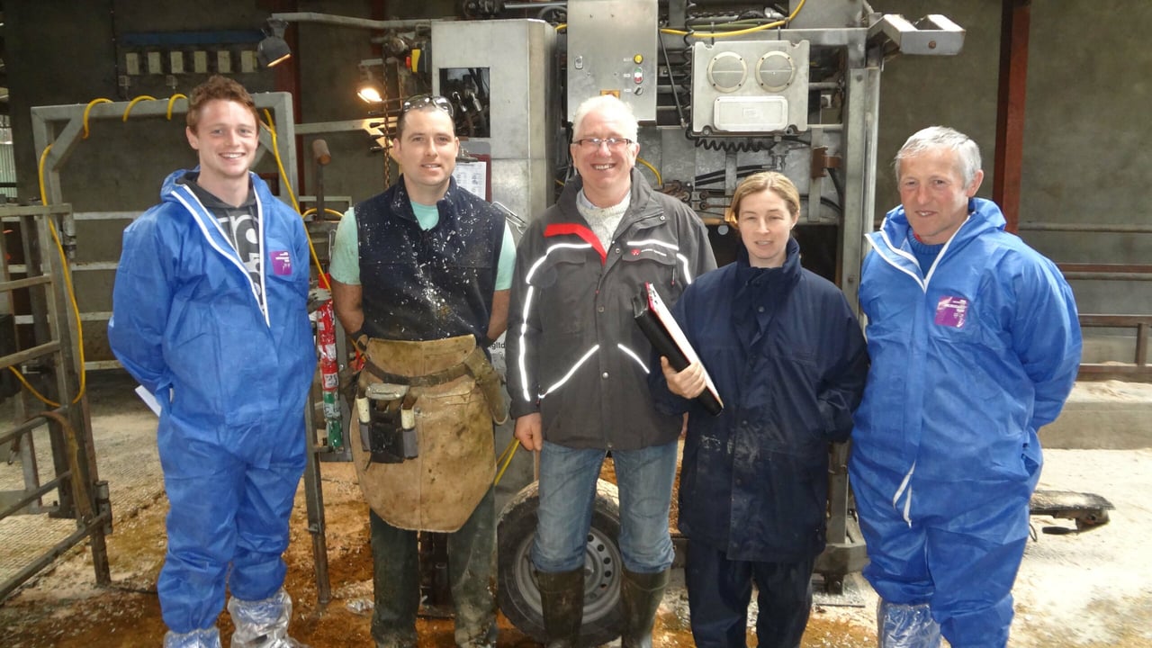  Mark Clements, hoof trimmer, Drew McConnell, host farmer, Dr Jane Sayers, CAFRE.