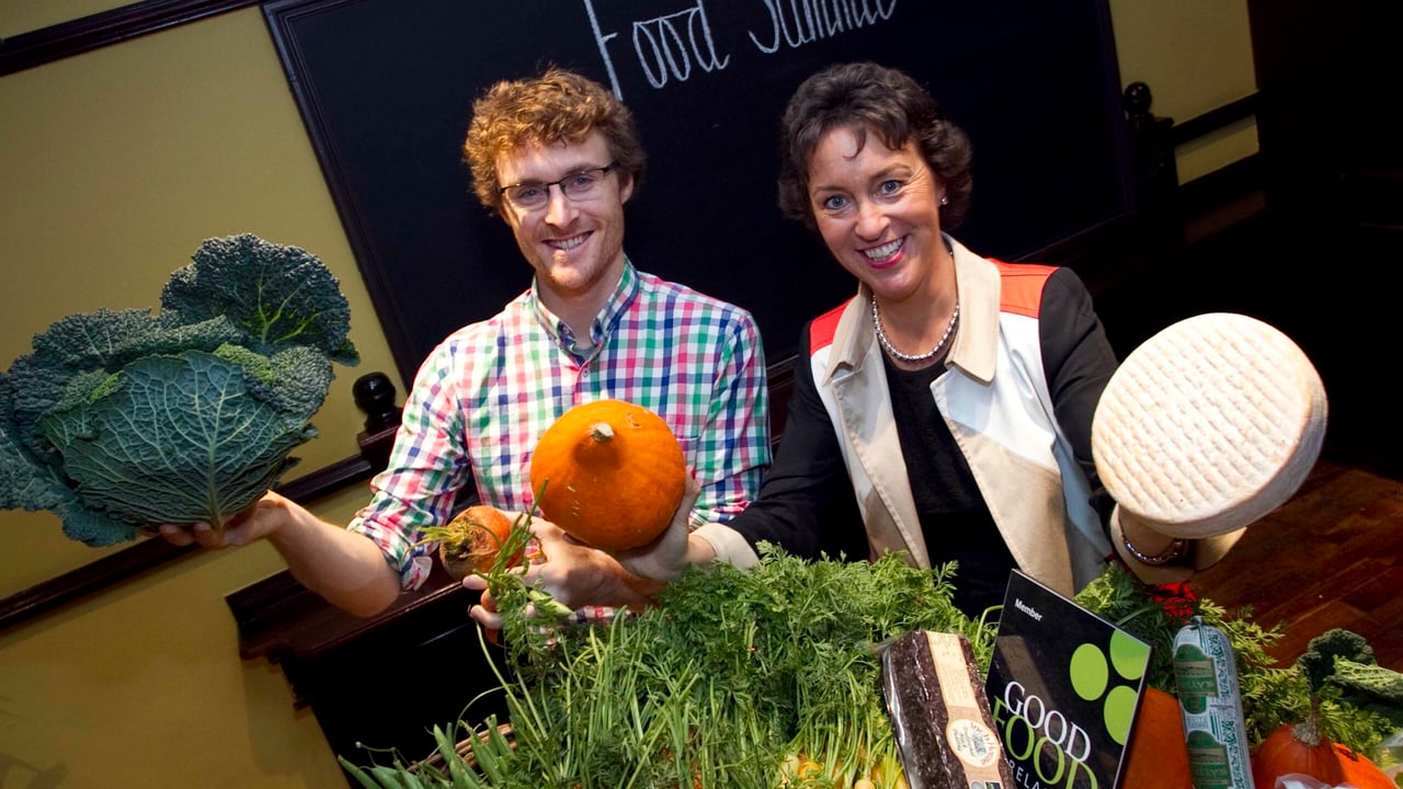 Paddy Cosgrave and Margaret Jeffares showcasing some of the produce at the Web Summit. 
