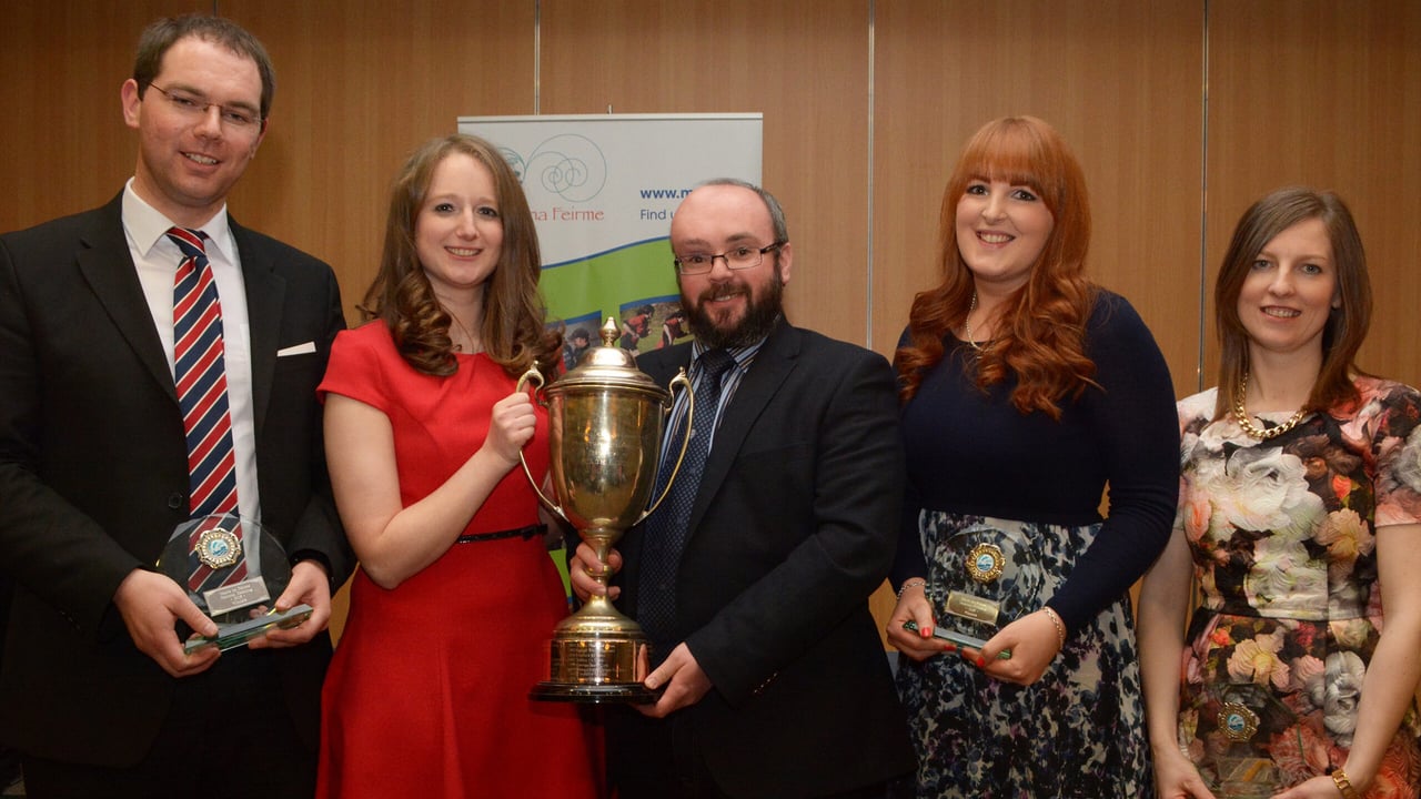 Carrigaline Macra, Seandun, County Cork. L-r: David O'Sullivan, who also won the Peter Murphy Memorial Trophy for Best Debater; Eilis Ahern; Kieran O'Dowd, National President Macra na Feirme; Trisha Delahunty and Rona Coughlan.